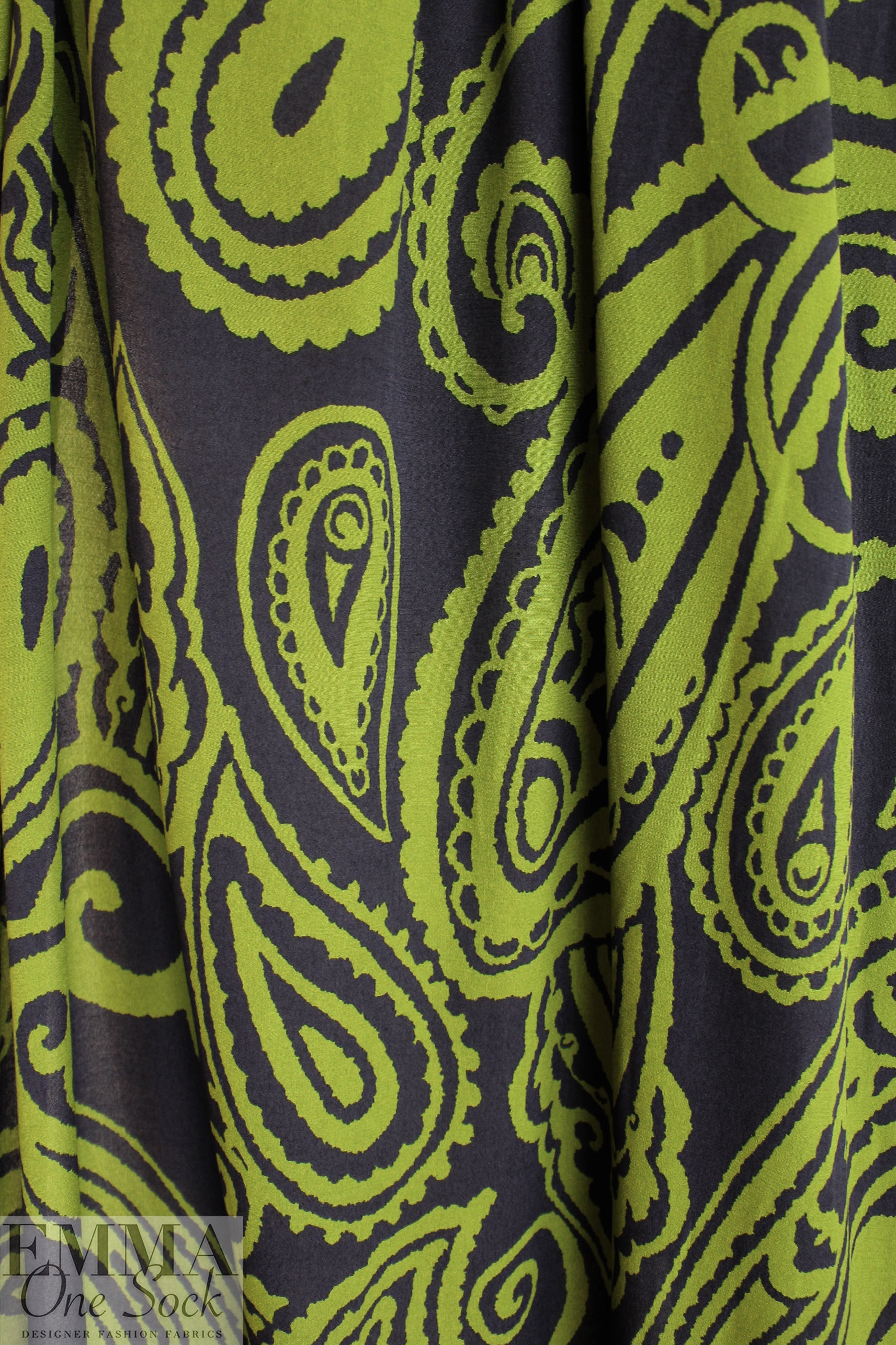 Italian 'grande paisley' viscose crepe woven - avocado/navy 2.125 yd