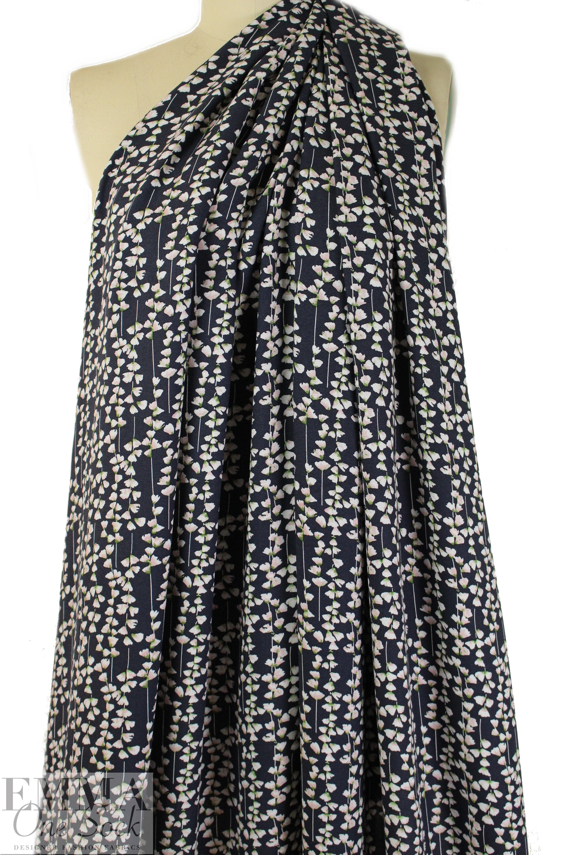 viscose crepe woven - navy/pink blossoms Oeko-Tex .875 yds