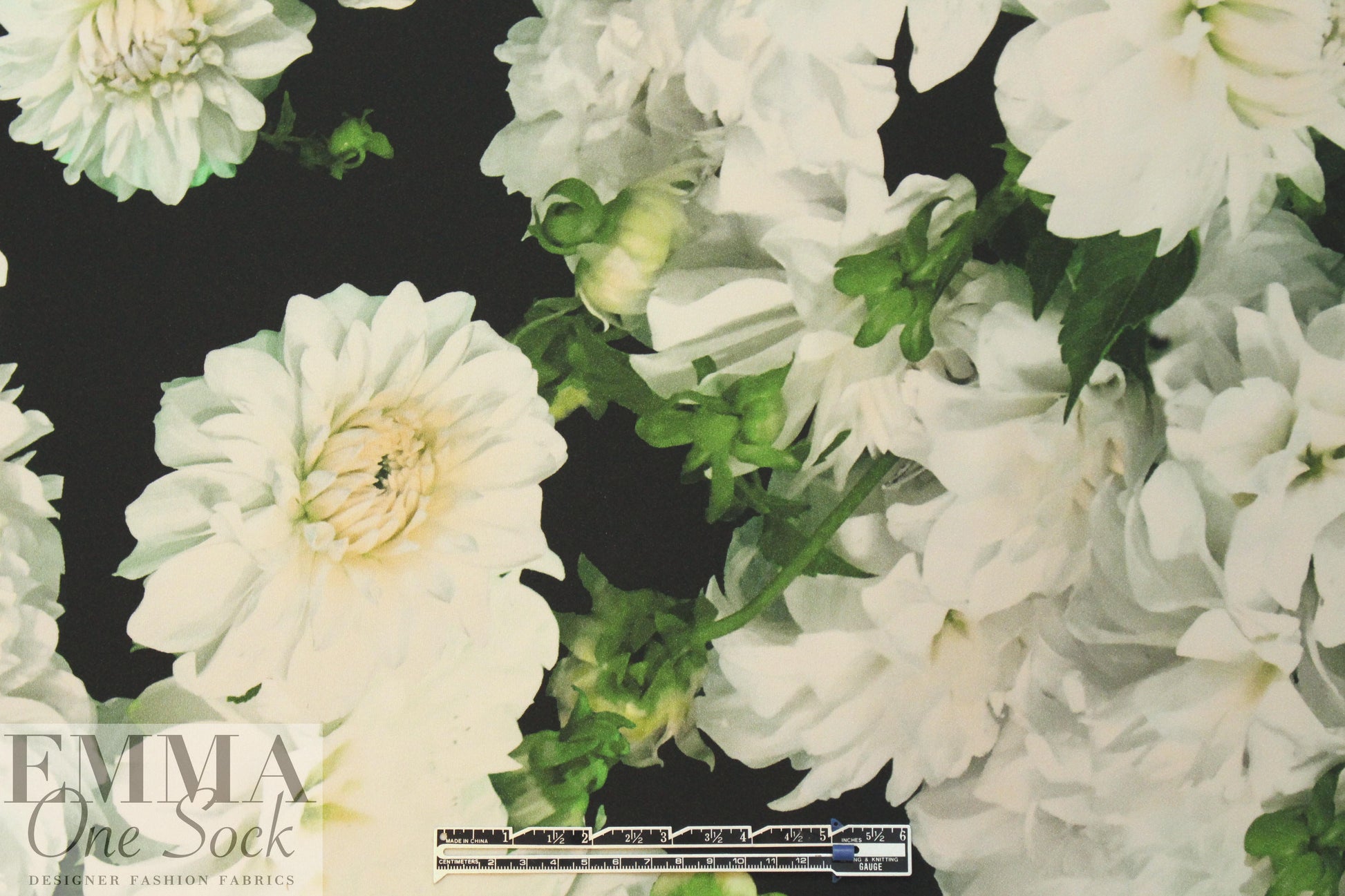 Italian painterly white dahlias viscose crepe woven