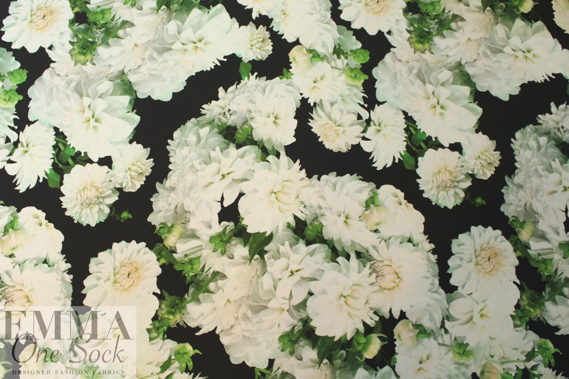 Italian painterly white dahlias viscose crepe woven 1.5 yd