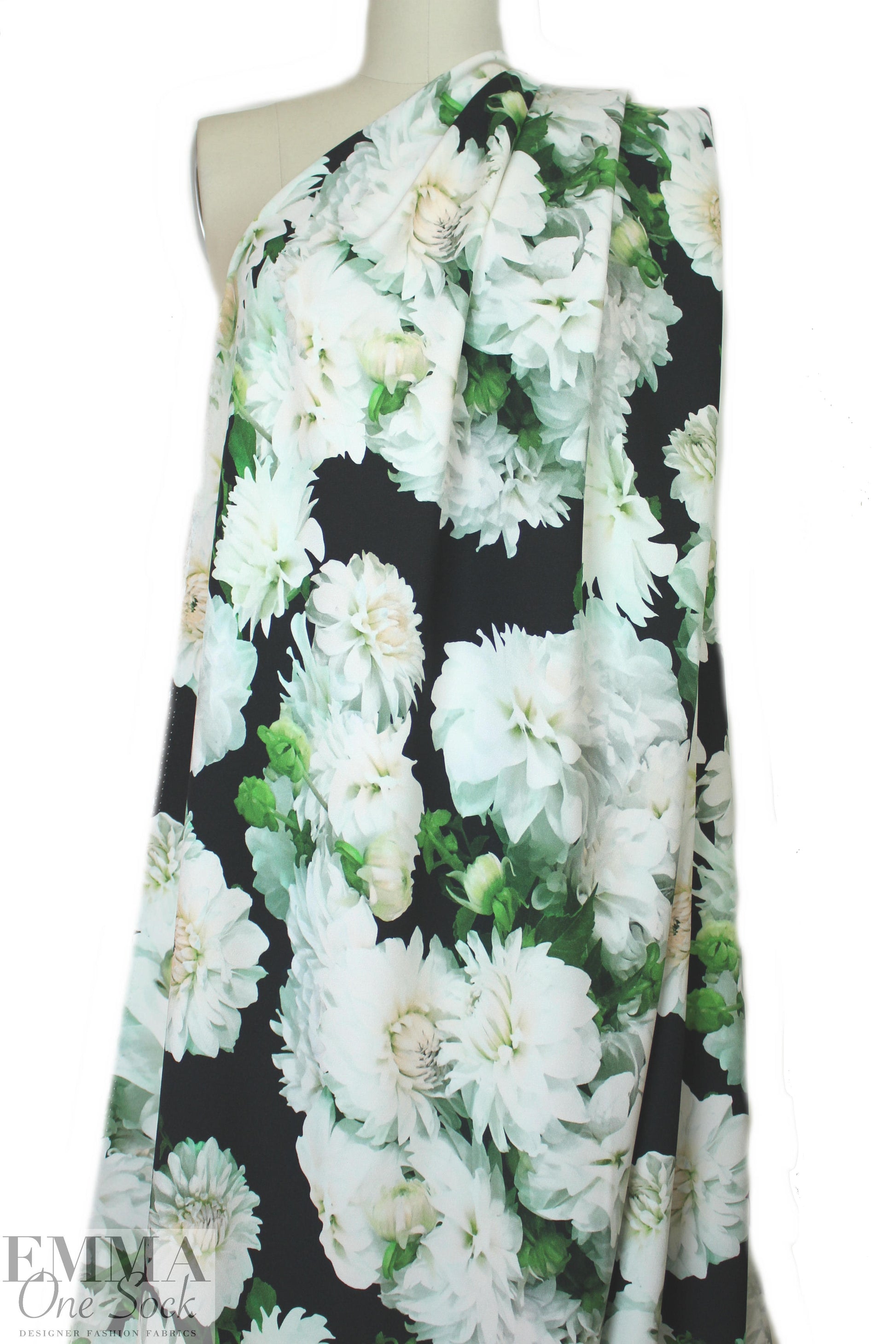 Italian painterly white dahlias viscose crepe woven 1.375 yd