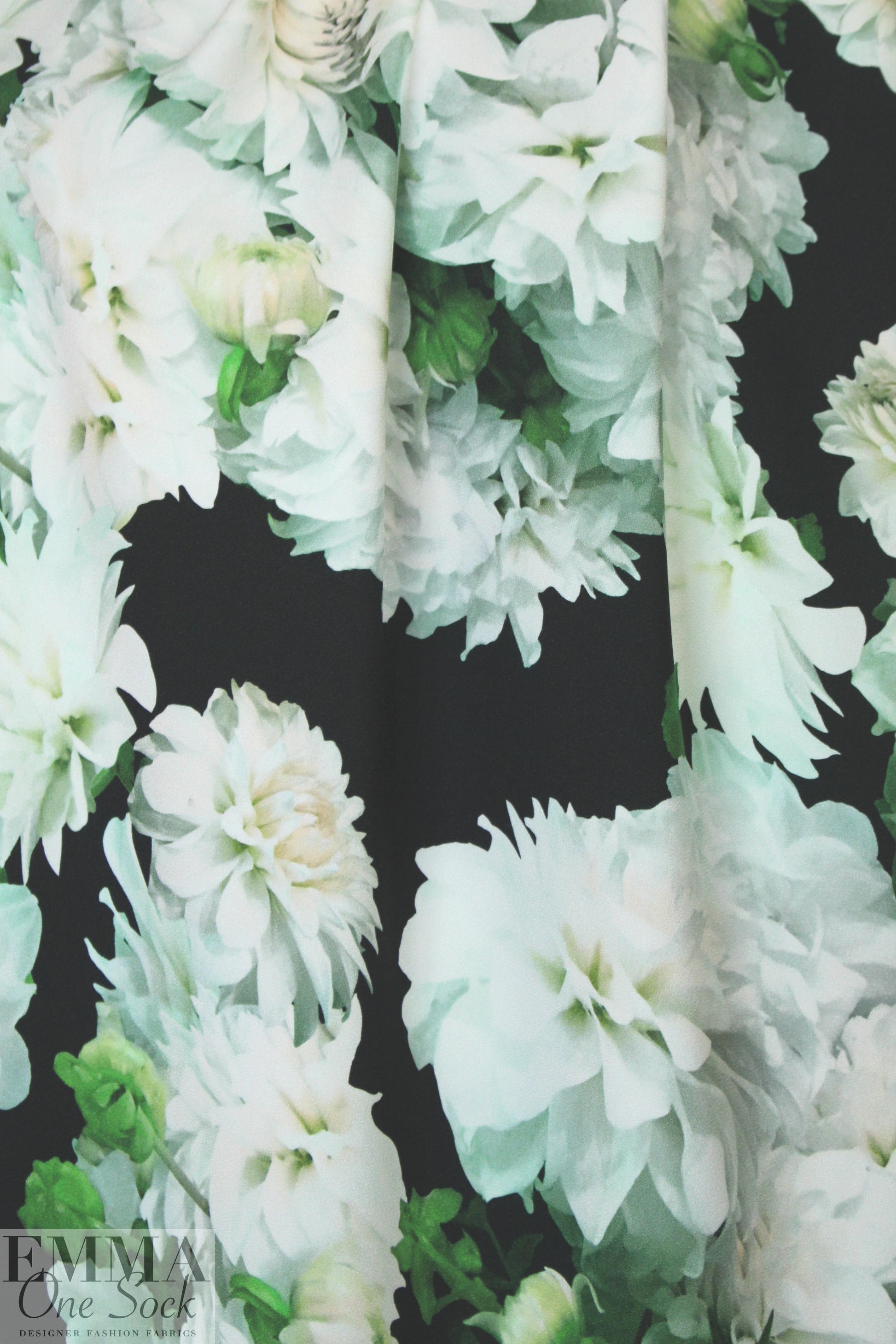 Italian painterly white dahlias viscose crepe woven 1.5 yd