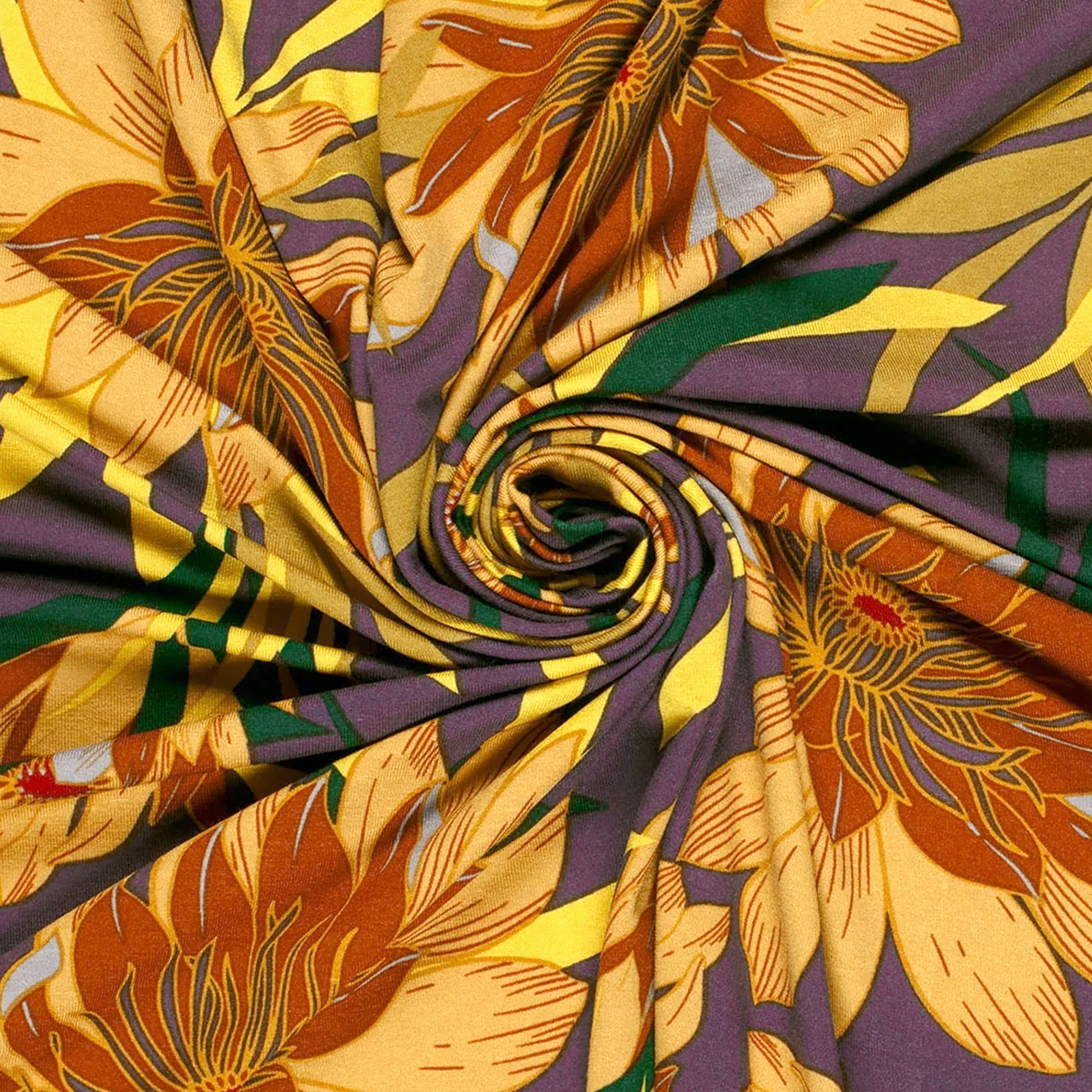 'floral drama' viscose knit, Oeko-Tex cert. - purple/gold