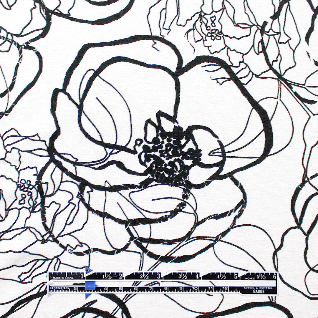'sketchy blossoms' printed stretch viscose knit 1.5 yd