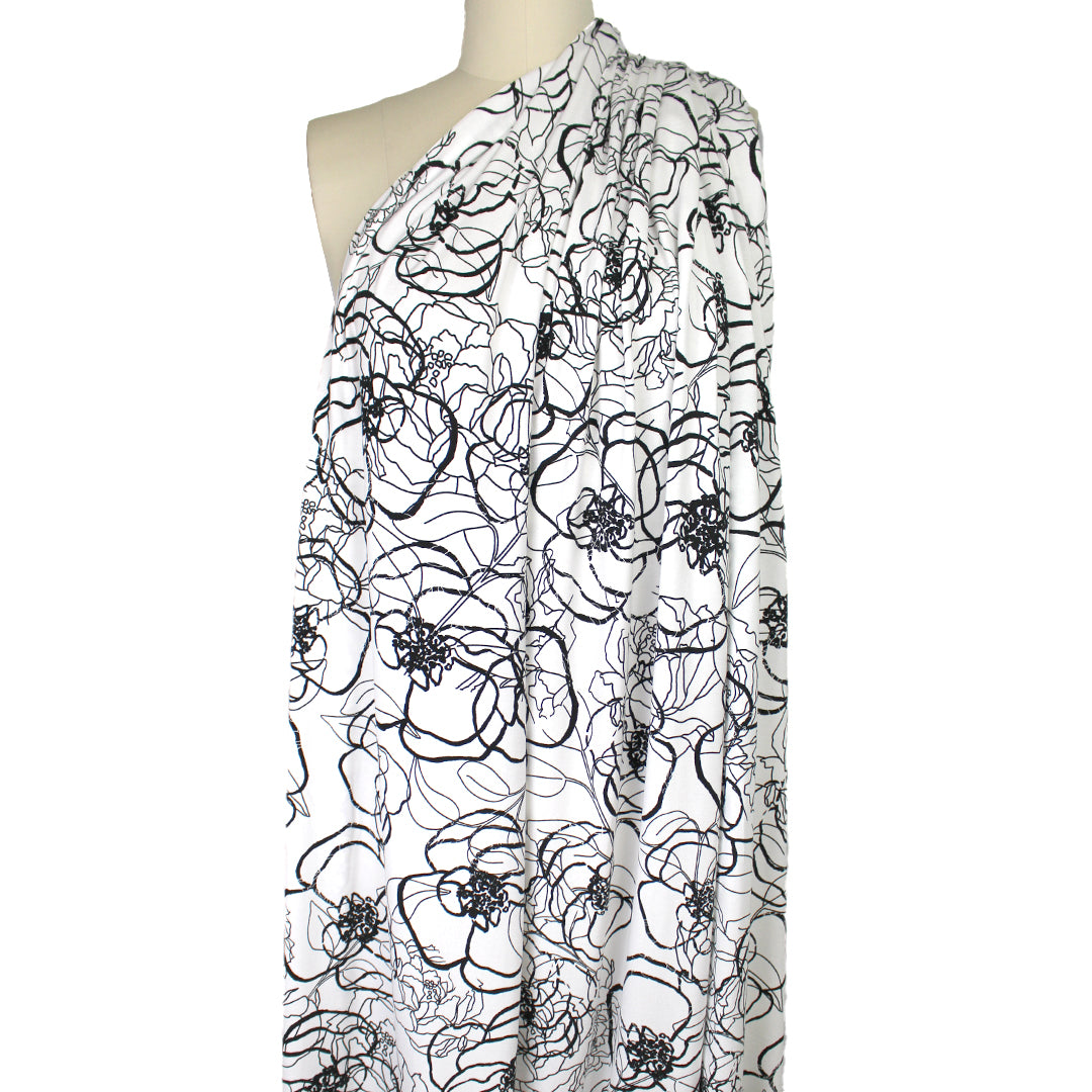 'sketchy blossoms' printed stretch viscose knit 1.5 yd