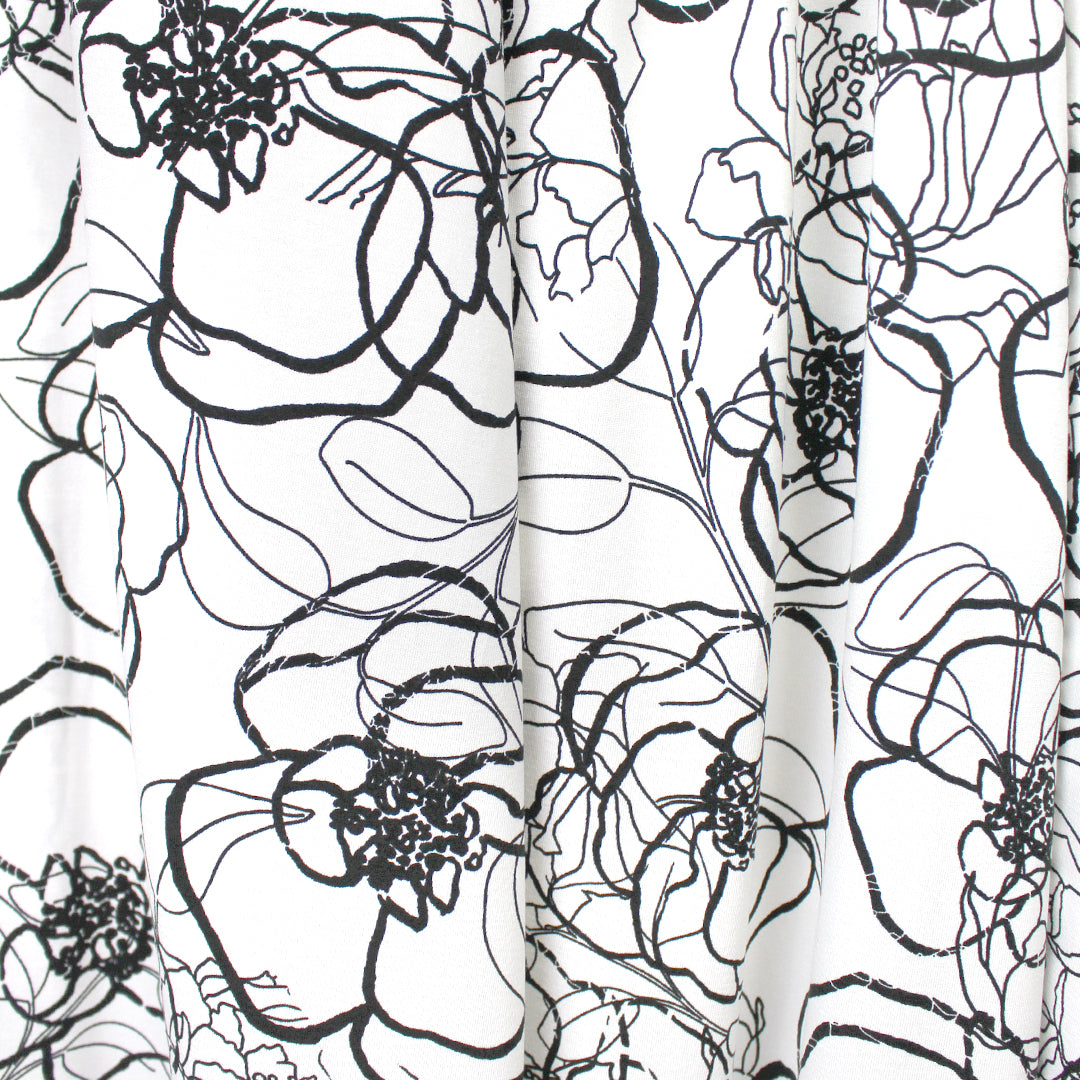 'sketchy blossoms' printed stretch viscose knit 1.5 yd
