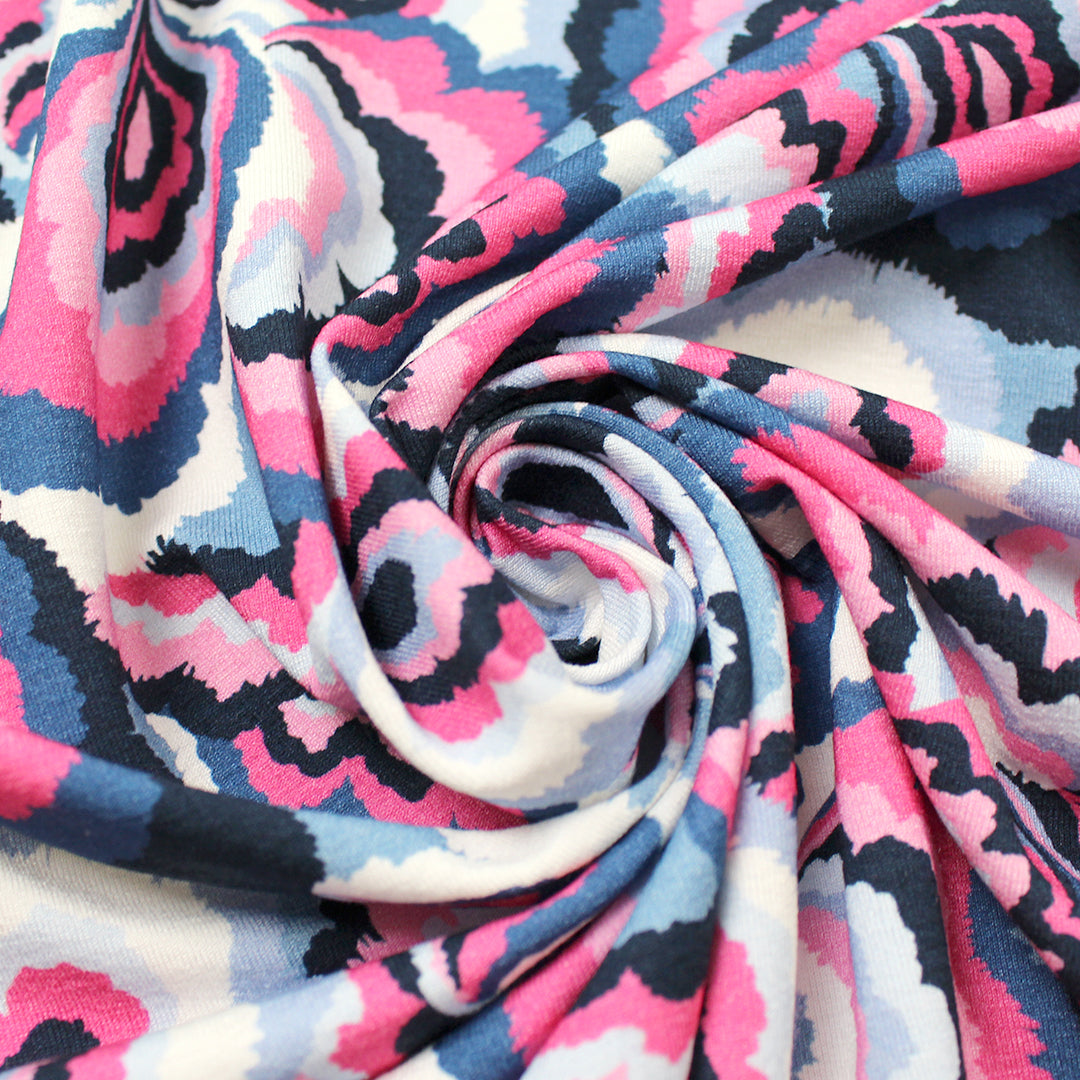 'marble flow' stretch viscose knit - indigo/denim/rose 1.5 yd