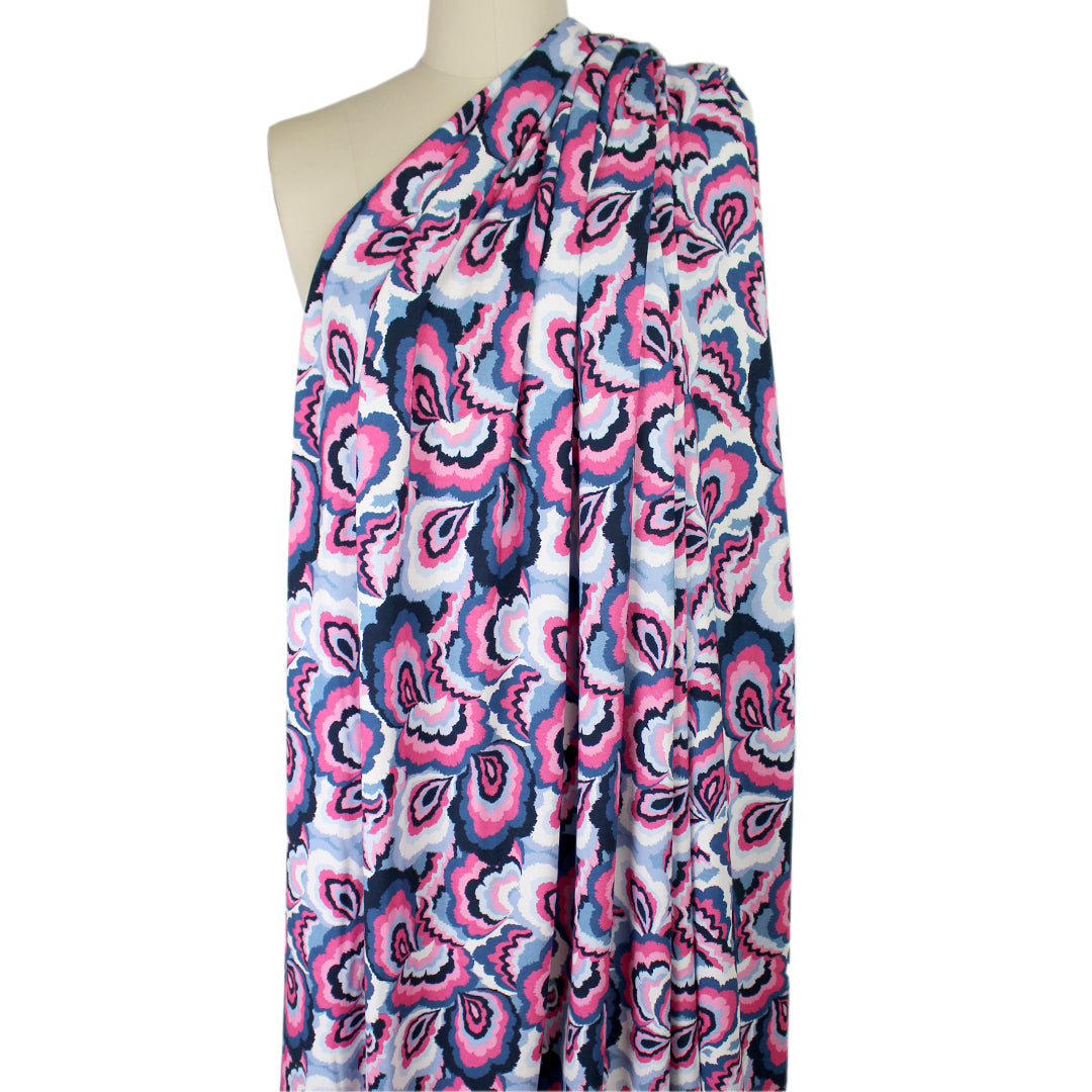 'marble flow' stretch viscose knit - indigo/denim/rose 2.5 yds