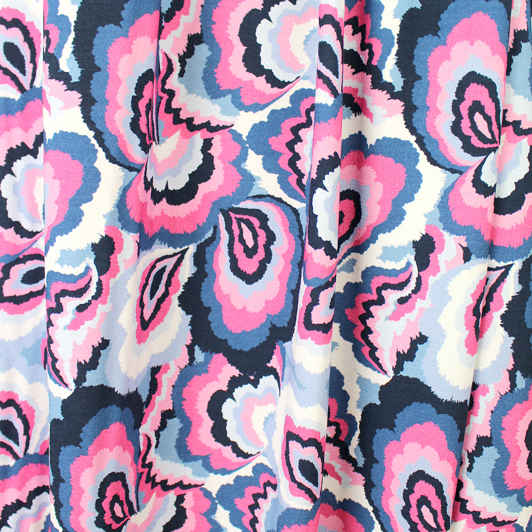 'marble flow' stretch viscose knit - indigo/denim/rose 2.5 yds