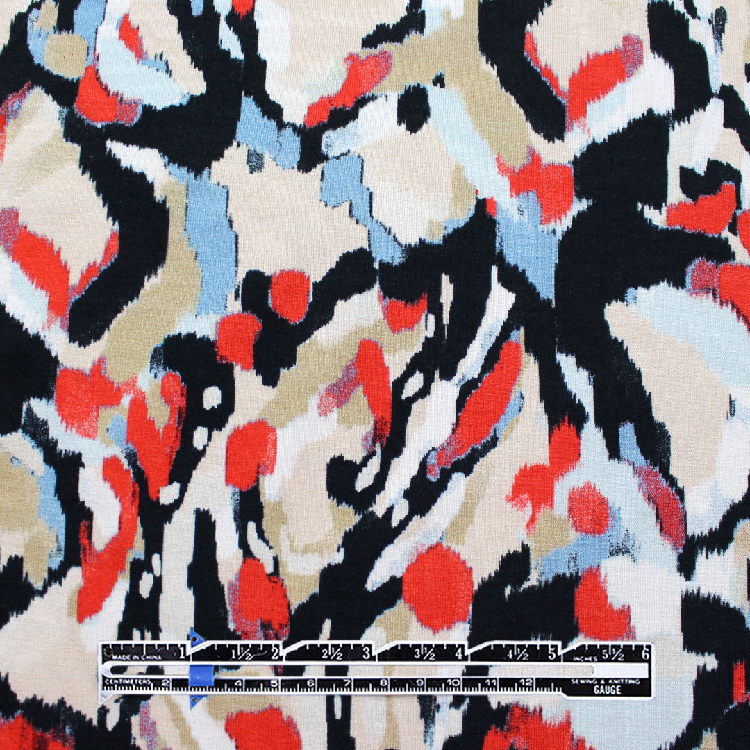 'crystal view' stretch viscose knit - crimson/light denim 1.5 yd