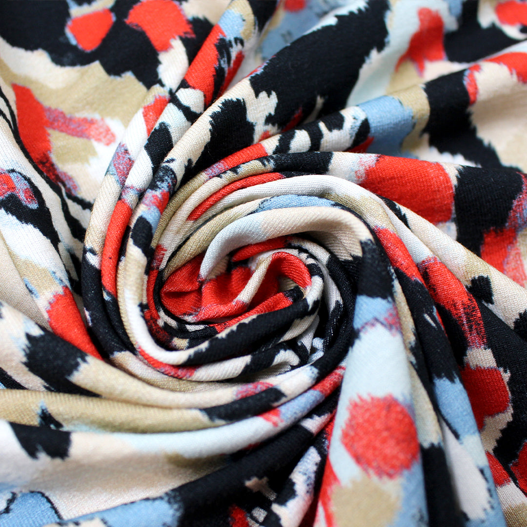 'crystal view' stretch viscose knit - crimson/light denim 1.5 yd