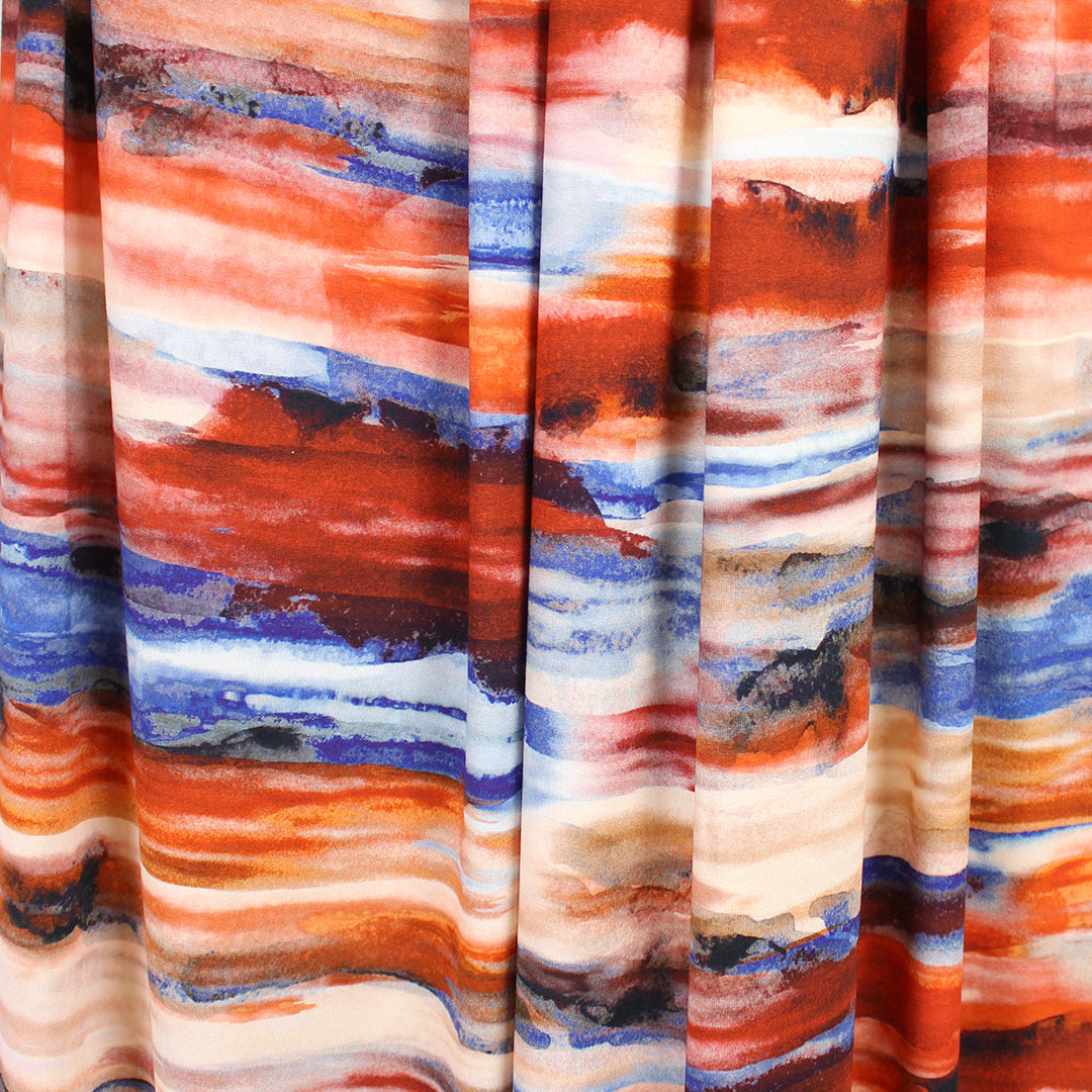 'horizons' stretch viscose knit - sunset/blue/persimmon 1.5 yd