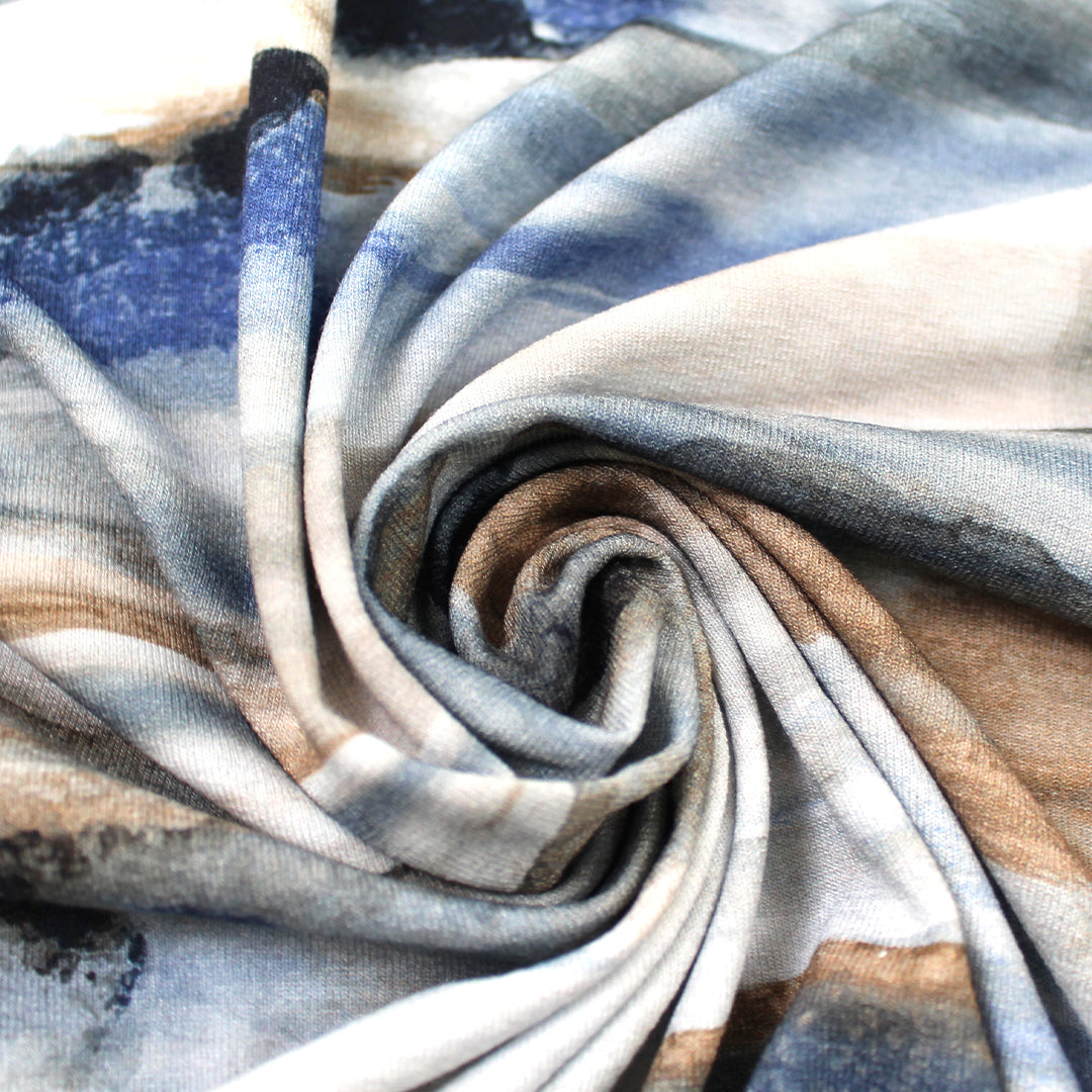 'horizons' stretch viscose knit - denimy blues/earthtones 2 yds