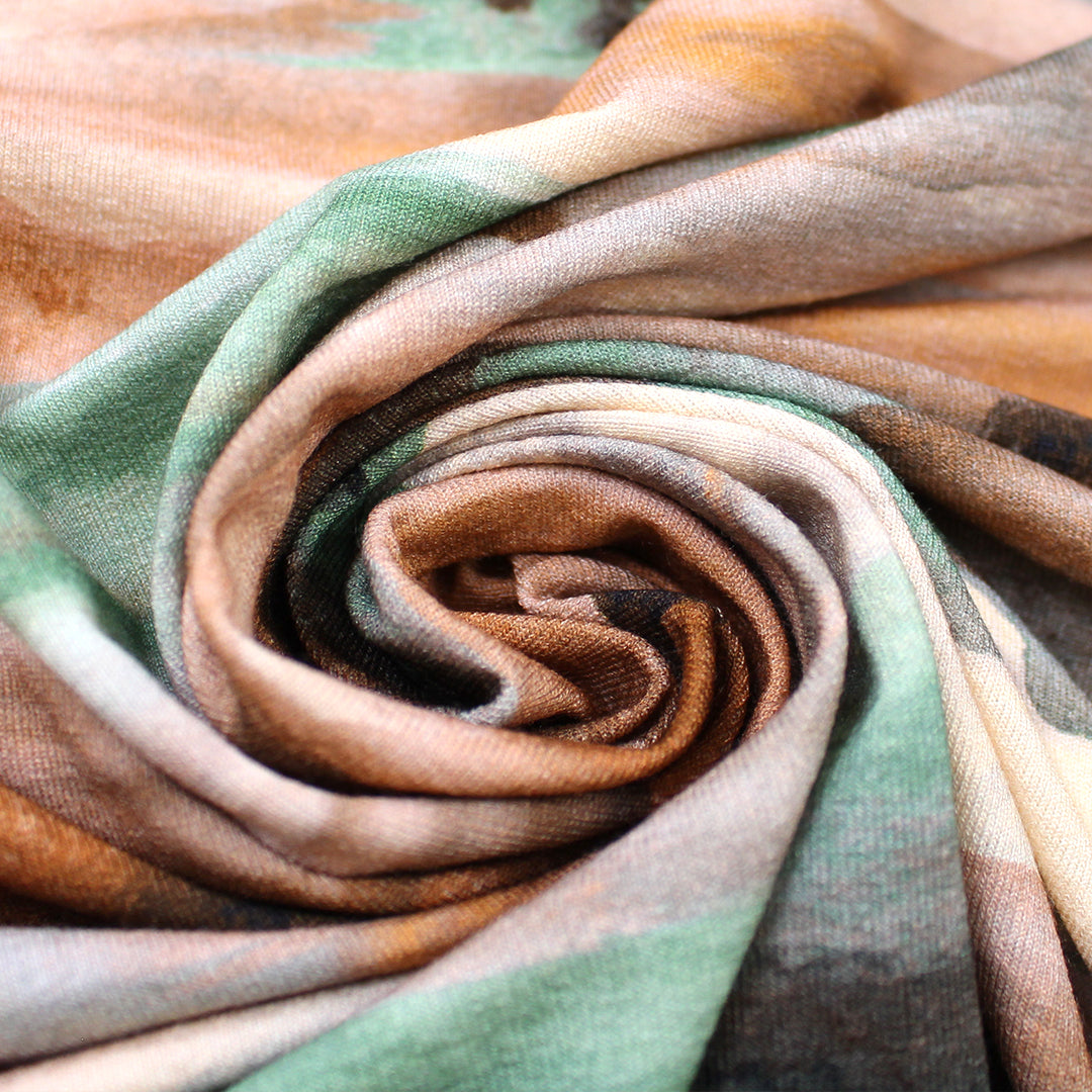 'horizons' stretch viscose knit - jade/rust/gray 1 yard