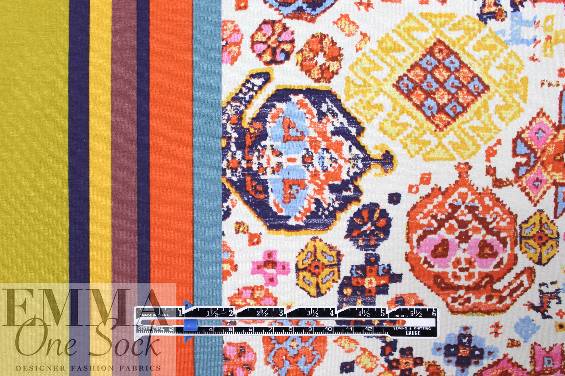 French 'Persian medallion' striped border viscose/lycra knit 3 yd