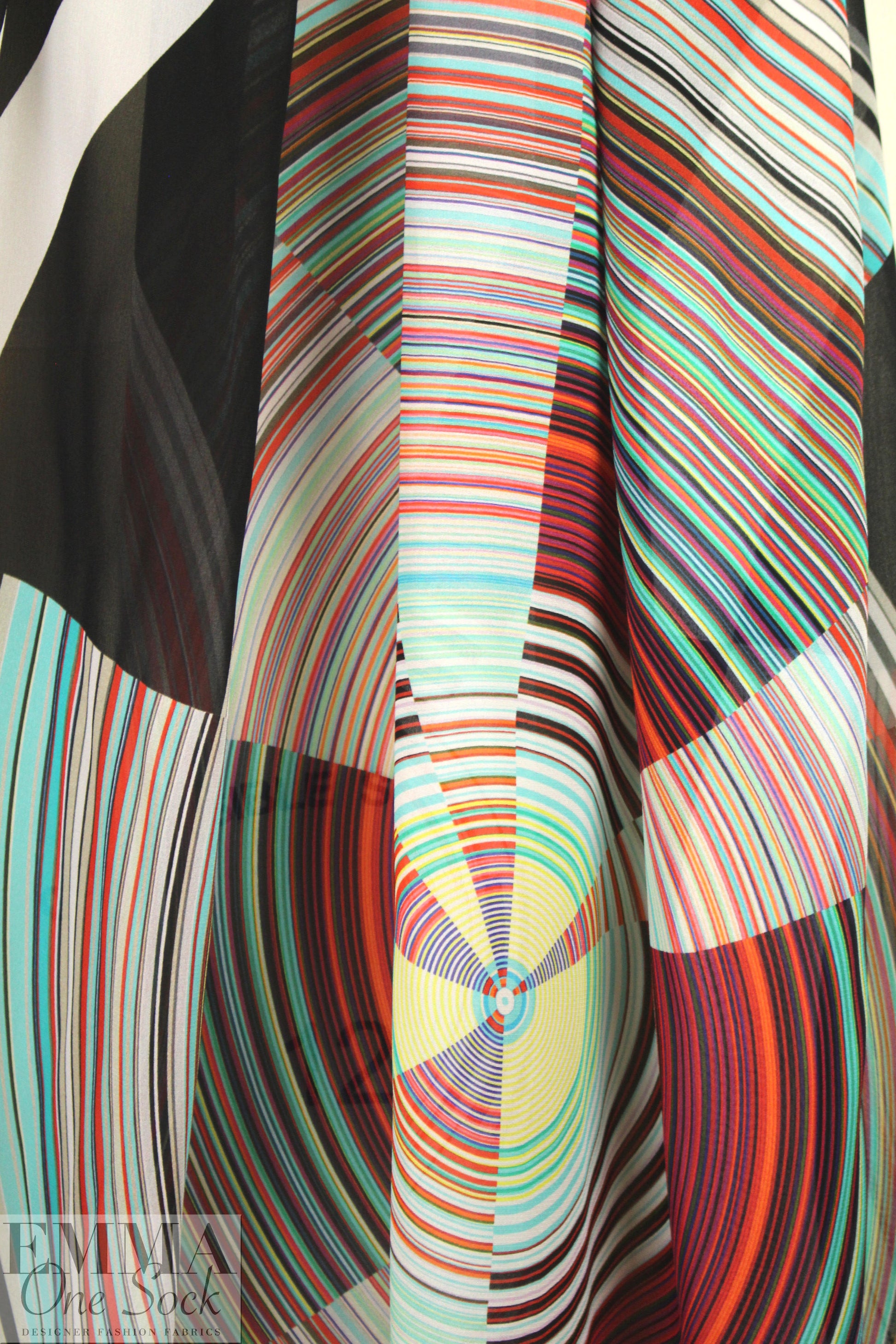 Italian 'spinning wheel' graphic panel viscose georgette 2.8 yd