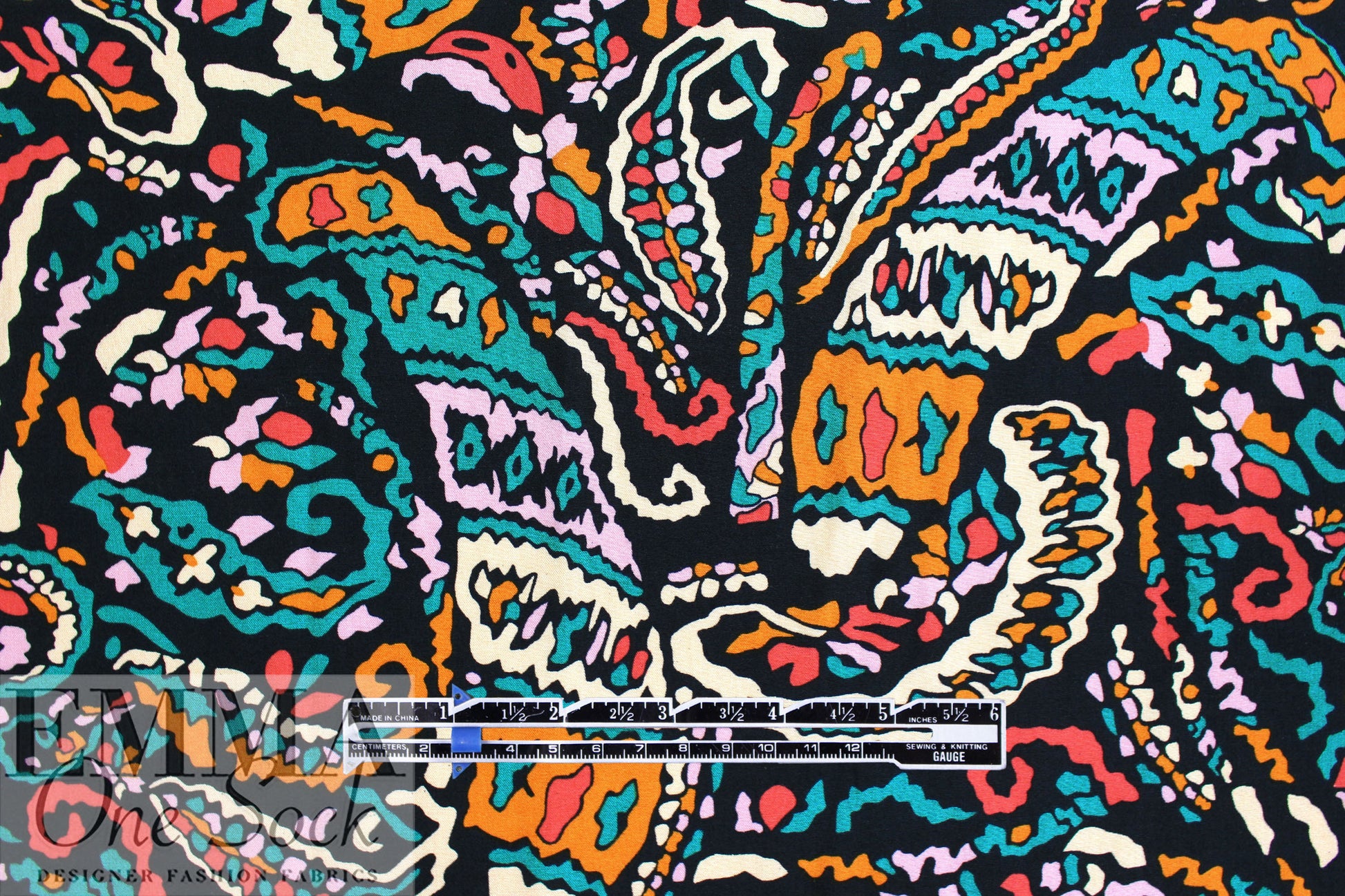 'lyrical paisley' viscose woven - black/multi 1.25 yd