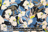 Italian denim/kiwi floral satin finish viscose woven