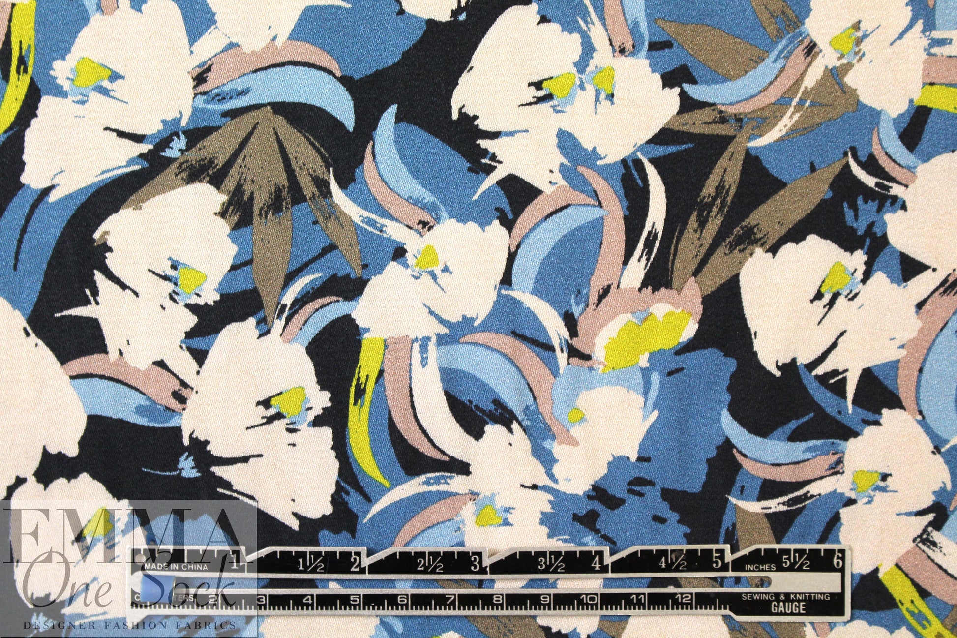 Italian denim/kiwi floral satin finish viscose woven