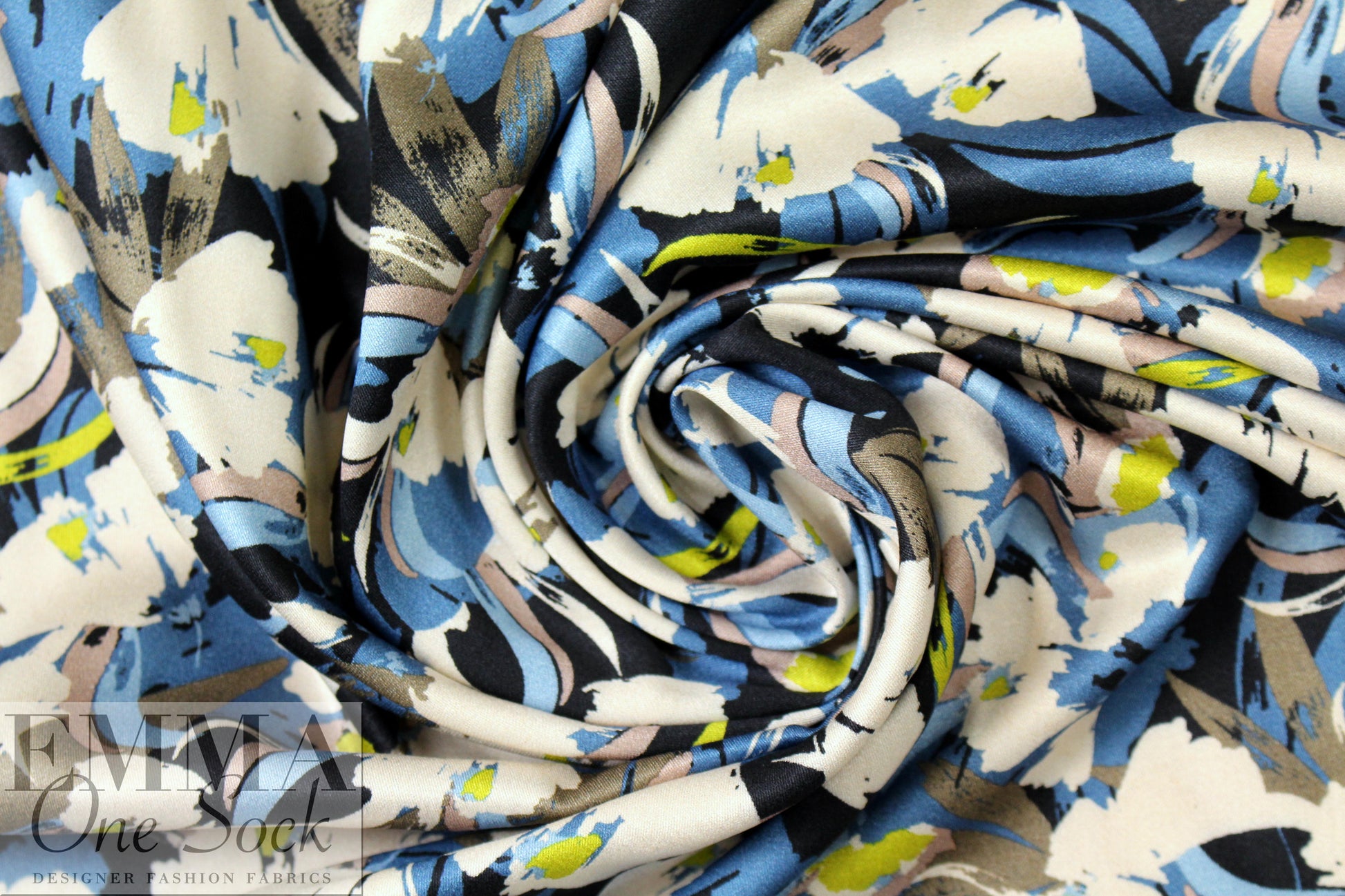 Italian denim/kiwi floral satin finish viscose woven 1.5 yd