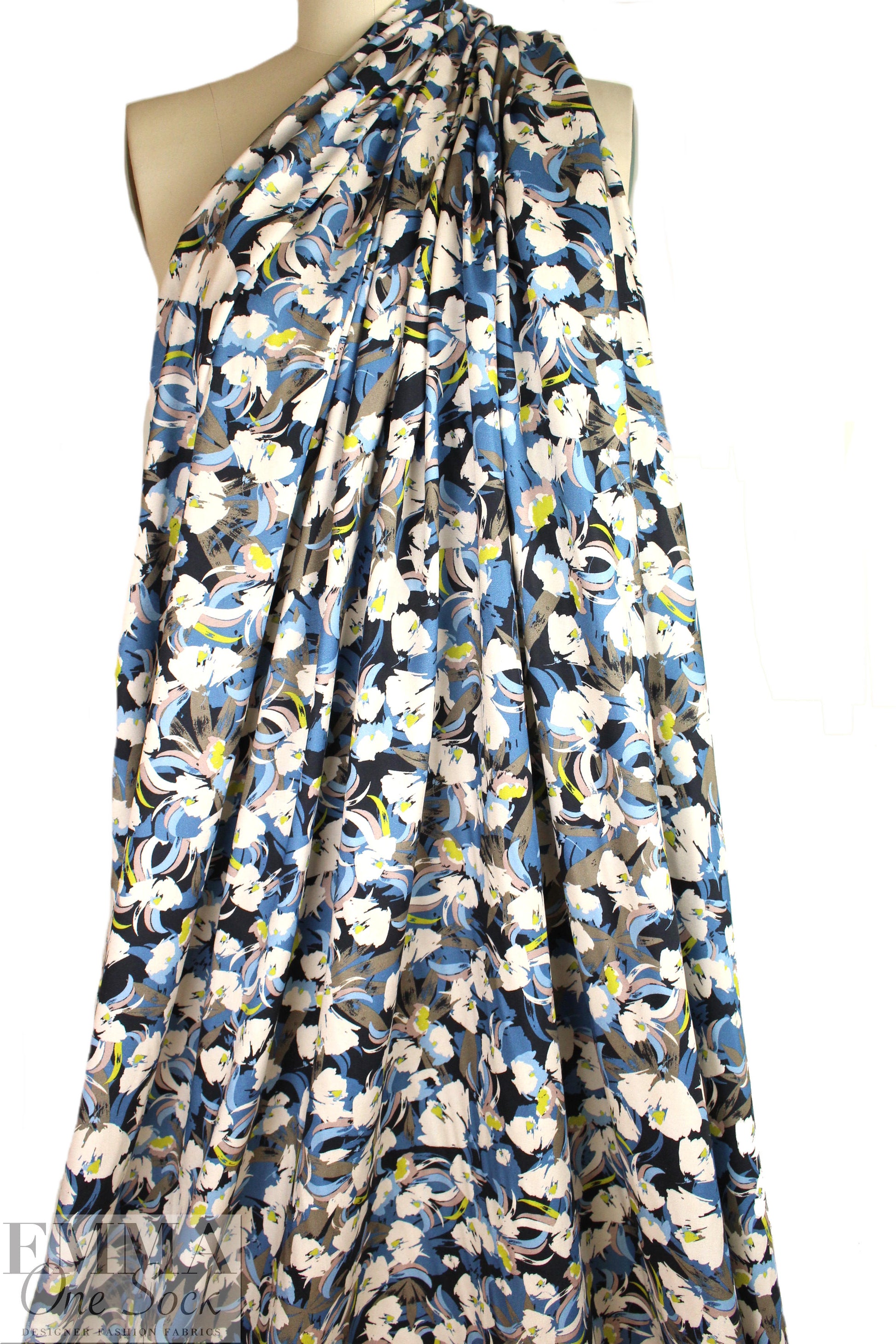 Italian denim/kiwi floral satin finish viscose woven