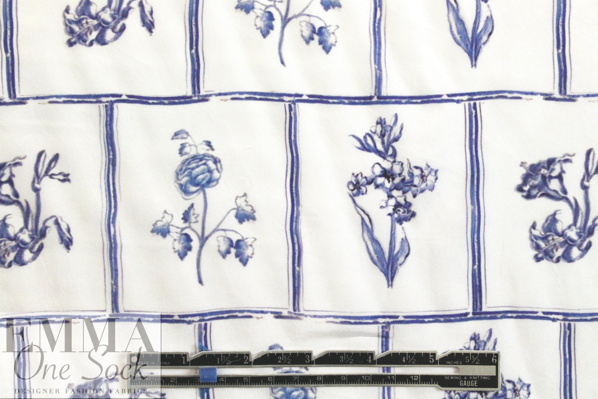 NY designer blue botanical display viscose satin