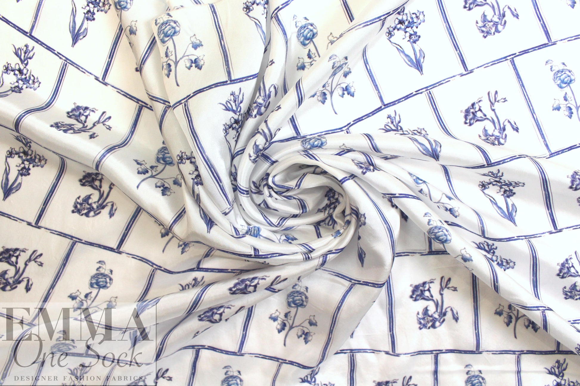 NY designer blue botanical display viscose satin 1.75 yd