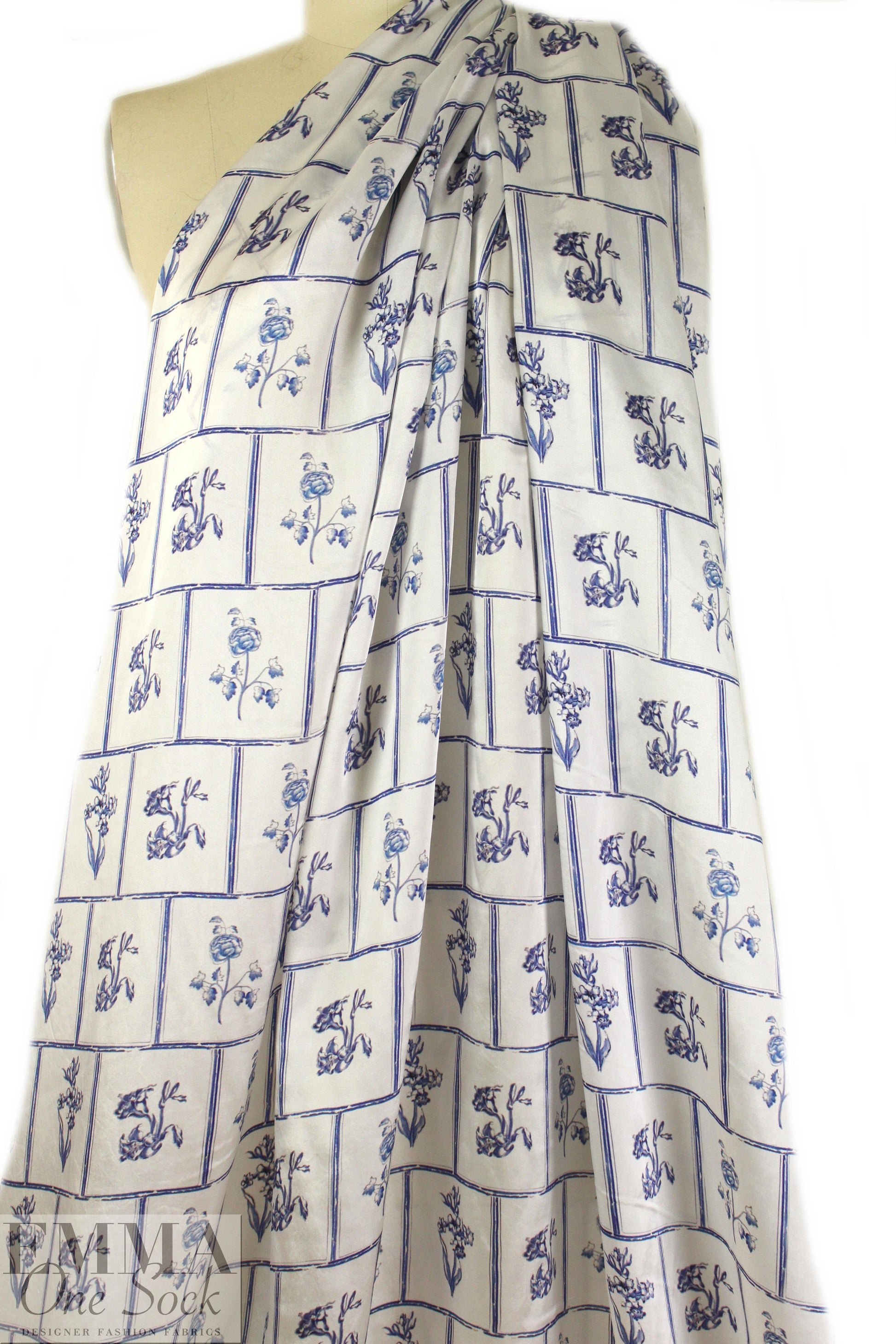 NY designer blue botanical display viscose satin 1.375 yd