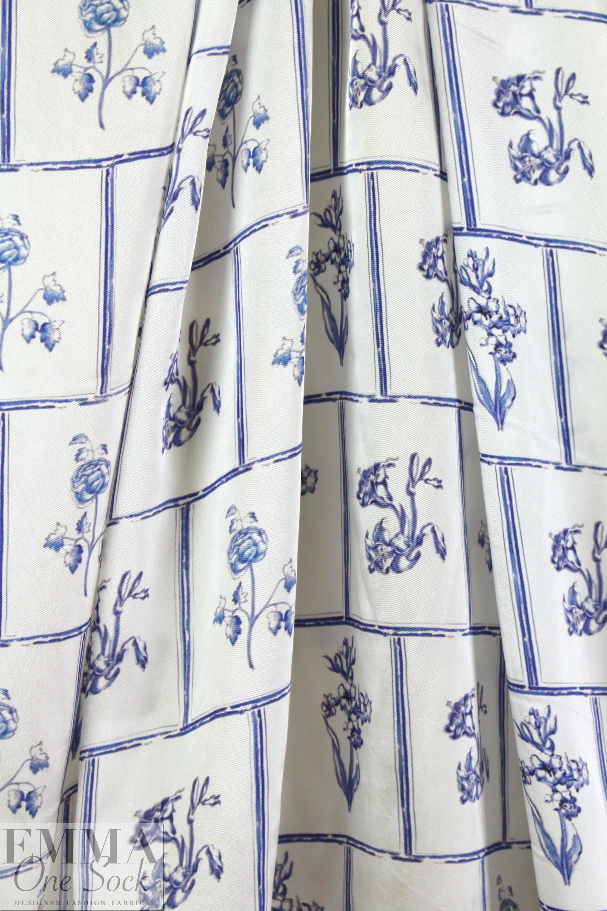 NY designer blue botanical display viscose satin