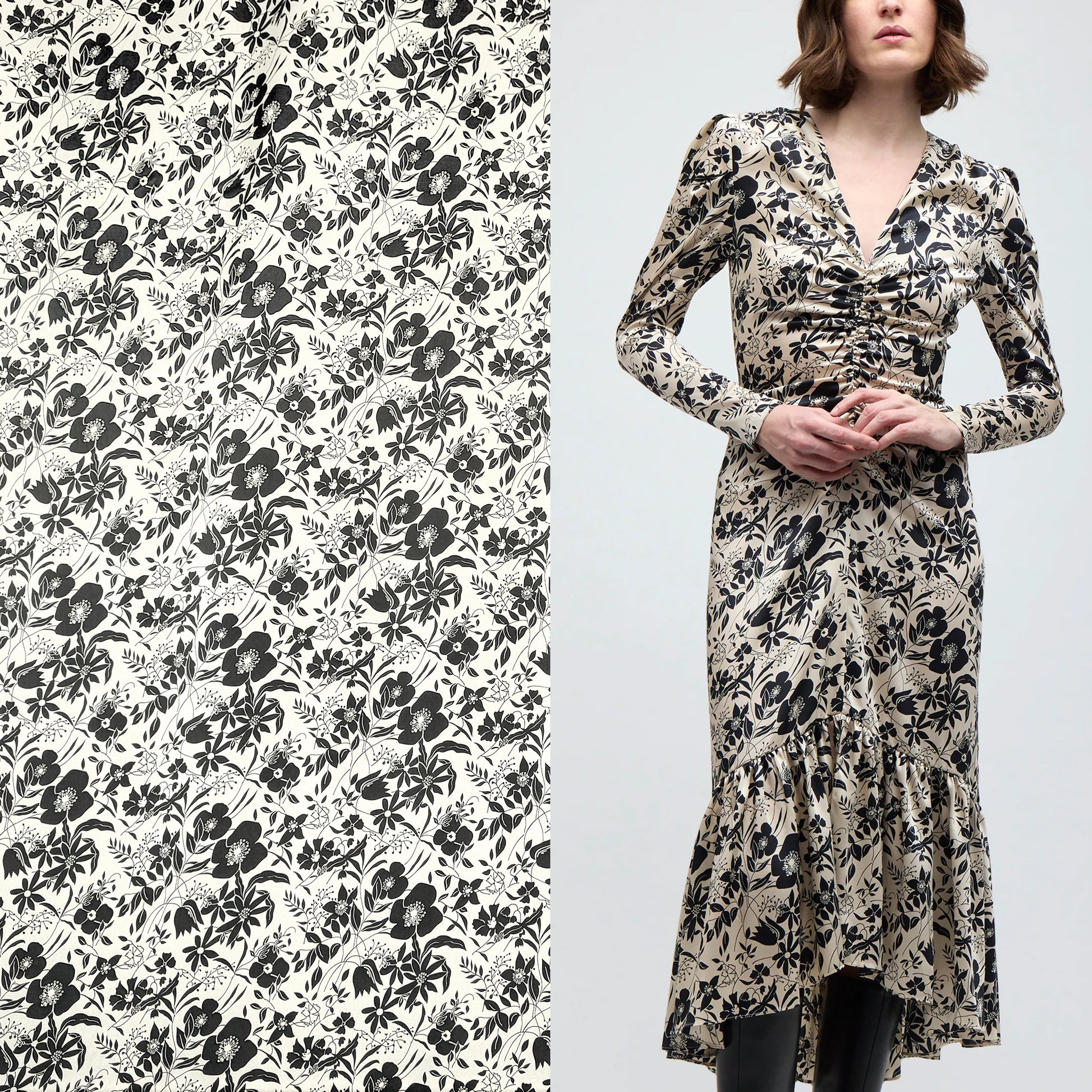 Italian floral silhouette lightweight twill - black/champagne