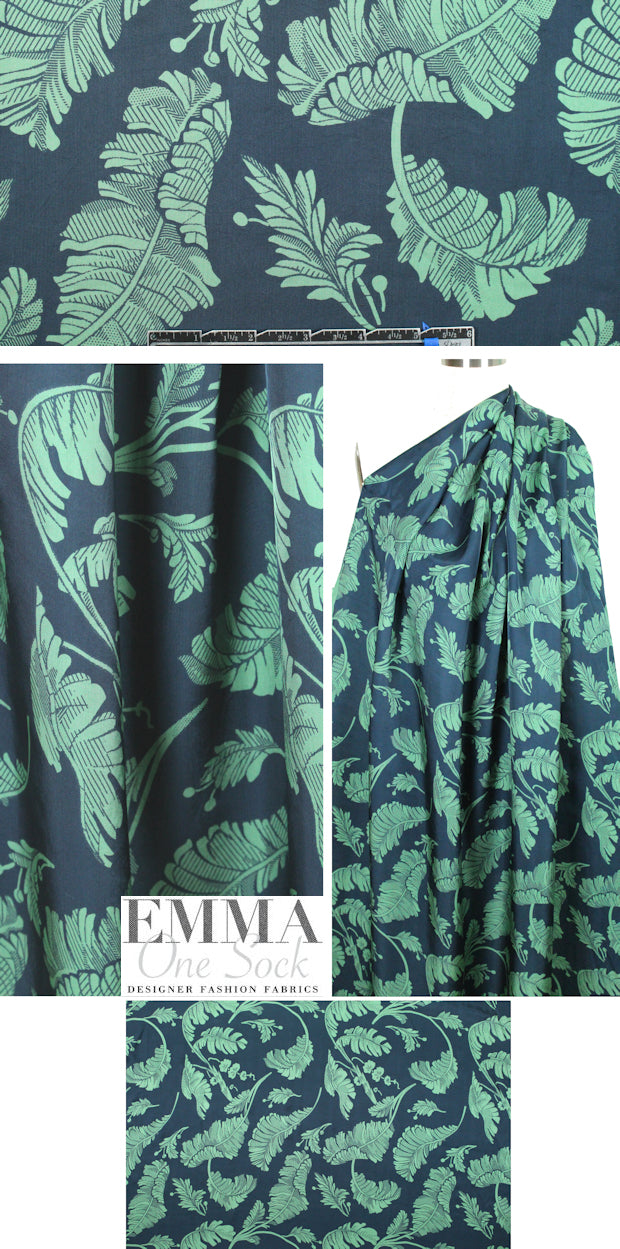 NY designer leaf print rayon twill - navy/mint