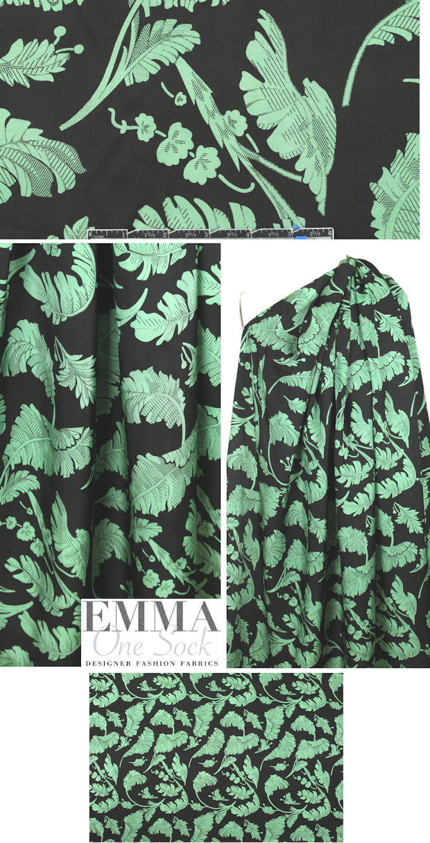 NY designer leaf print rayon twill - mint/black 2 yds
