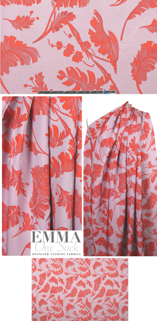 NY designer leaf print rayon twill - cherry/lilac 1.125 yds