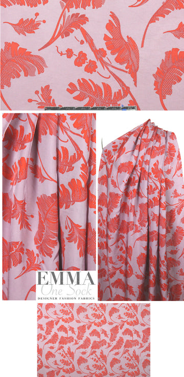 NY designer leaf print rayon twill - cherry/lilac 1.33 yds