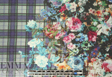 Italian viscose/wool knit - indigo floral/plaid .875 yds