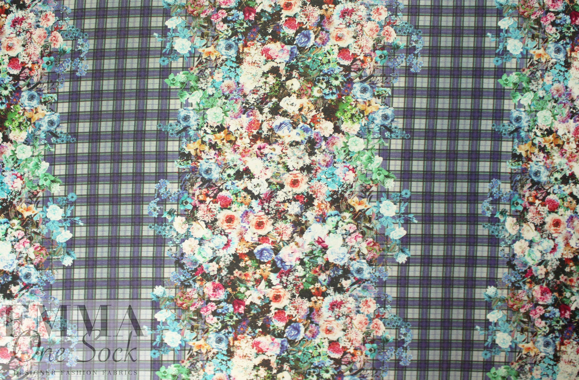Italian viscose/wool knit - indigo floral/plaid
