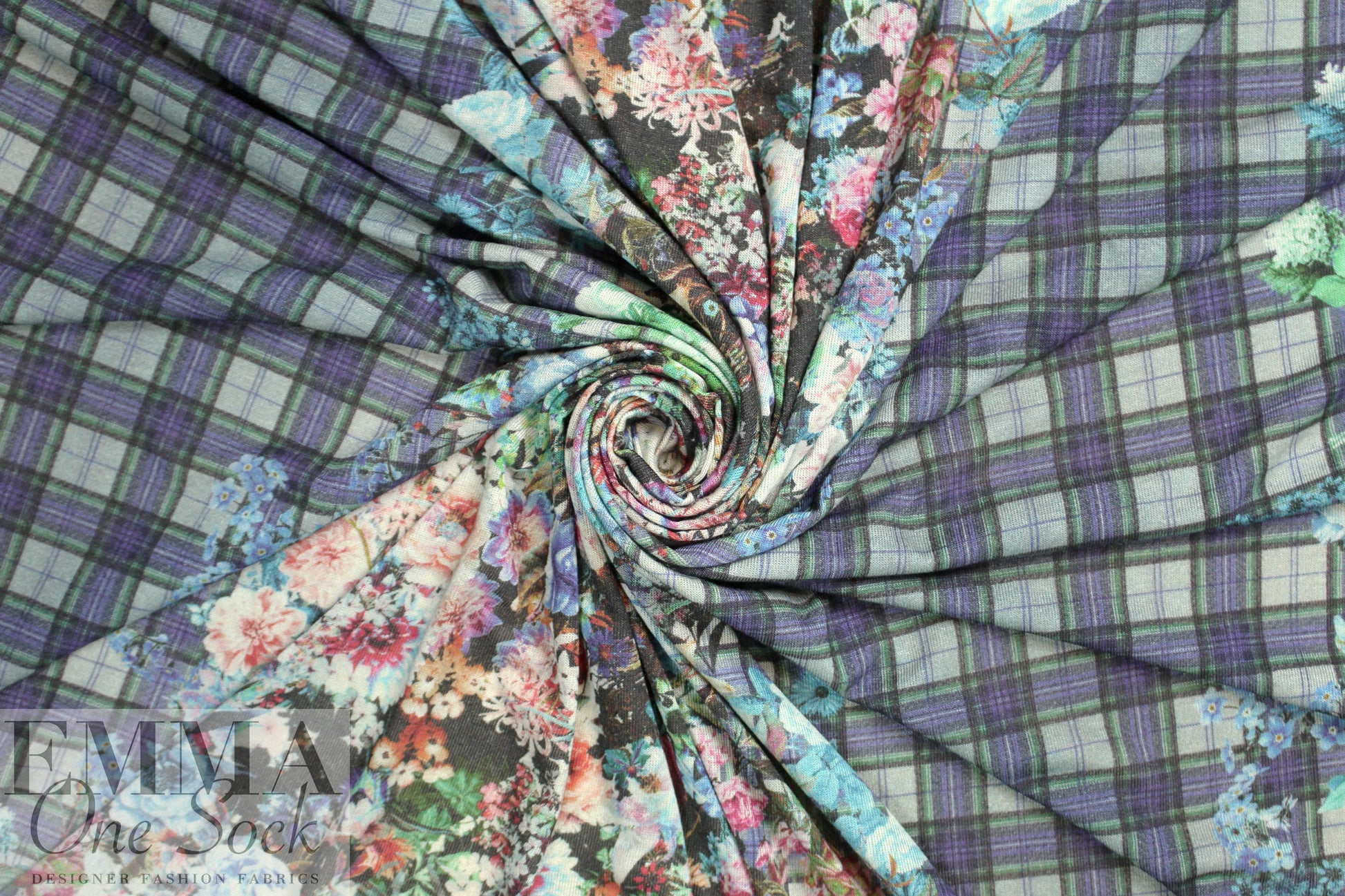 Italian viscose/wool knit - indigo floral/plaid .875 yds
