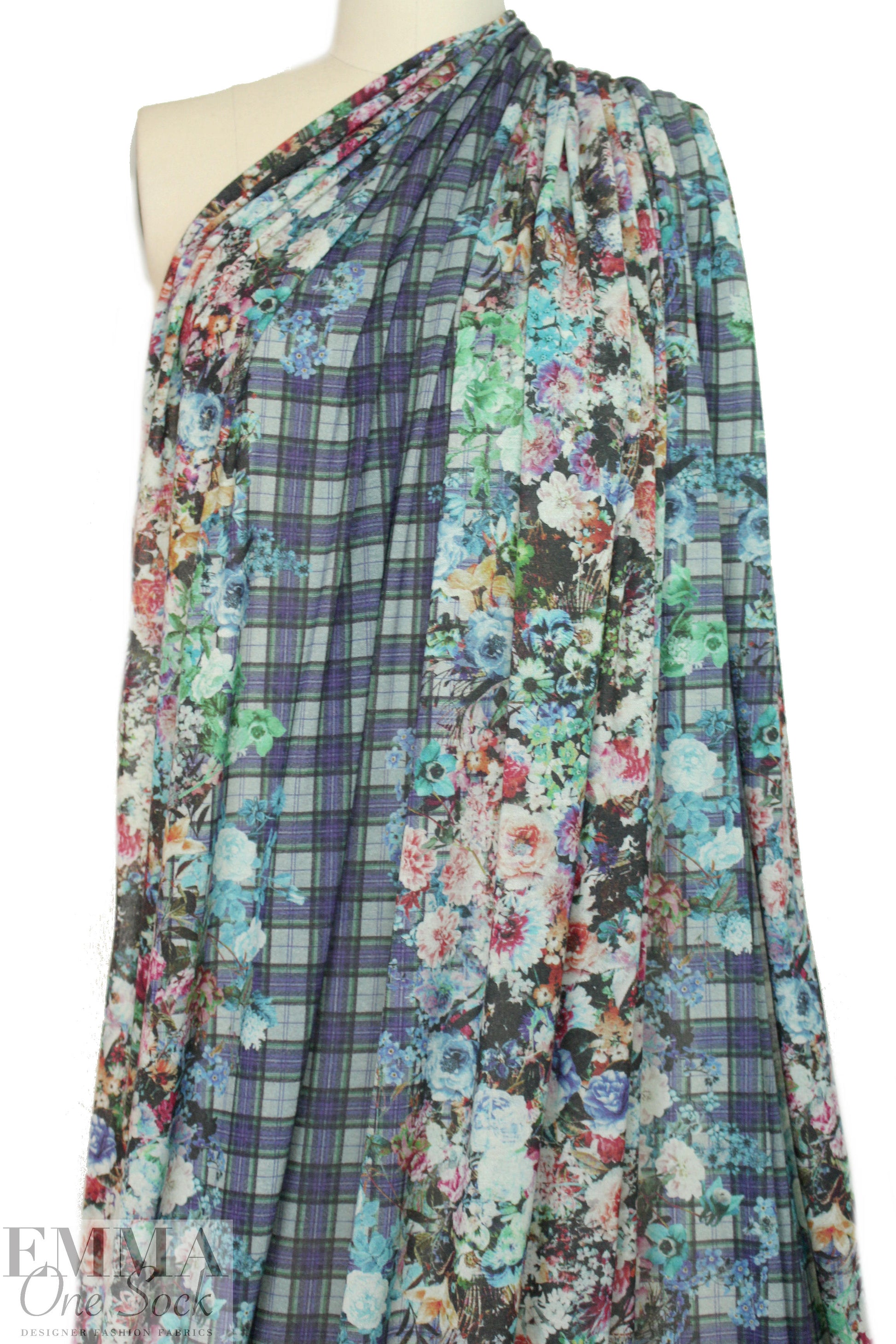 Italian viscose/wool knit - indigo floral/plaid