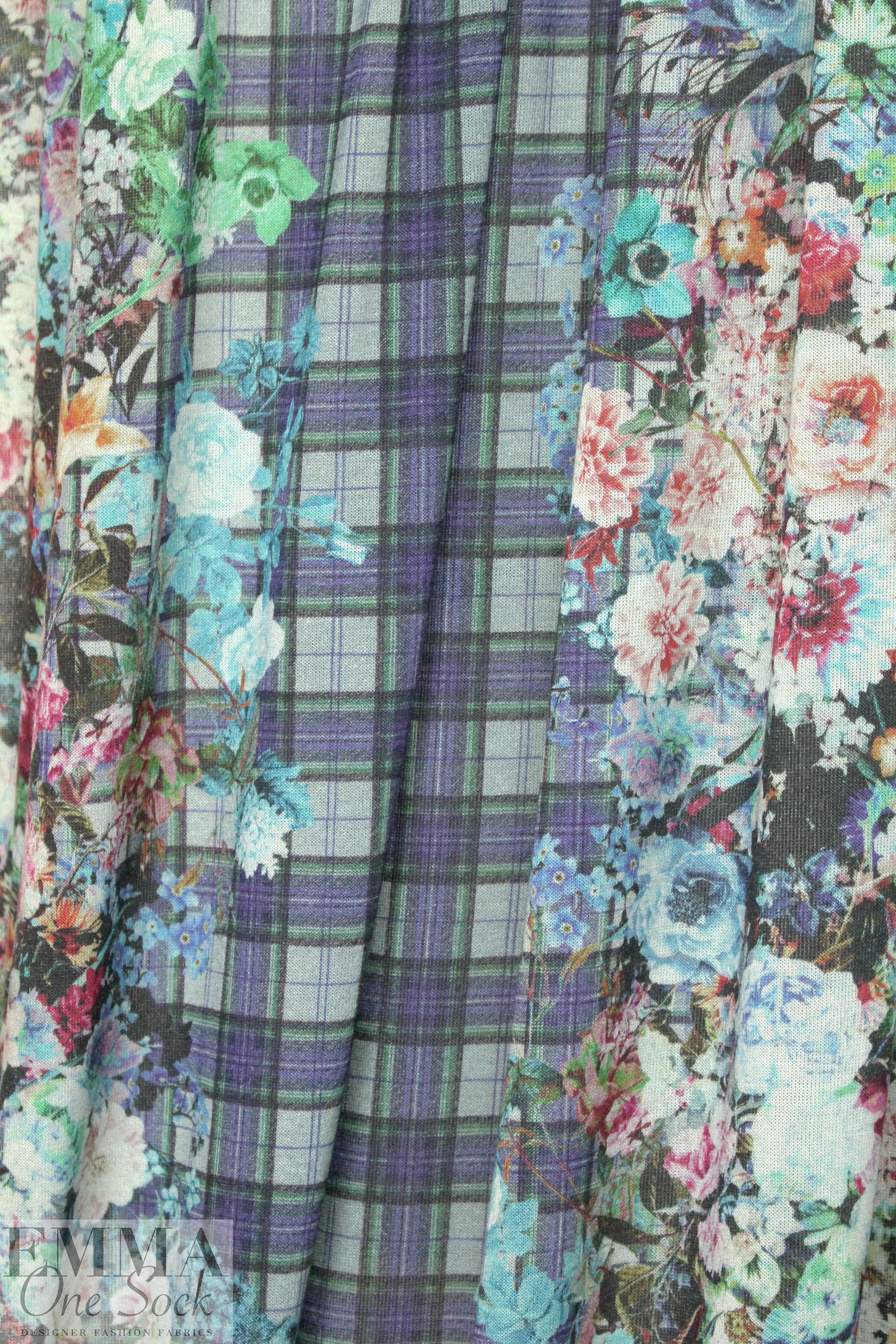 Italian viscose/wool knit - indigo floral/plaid 1 yard