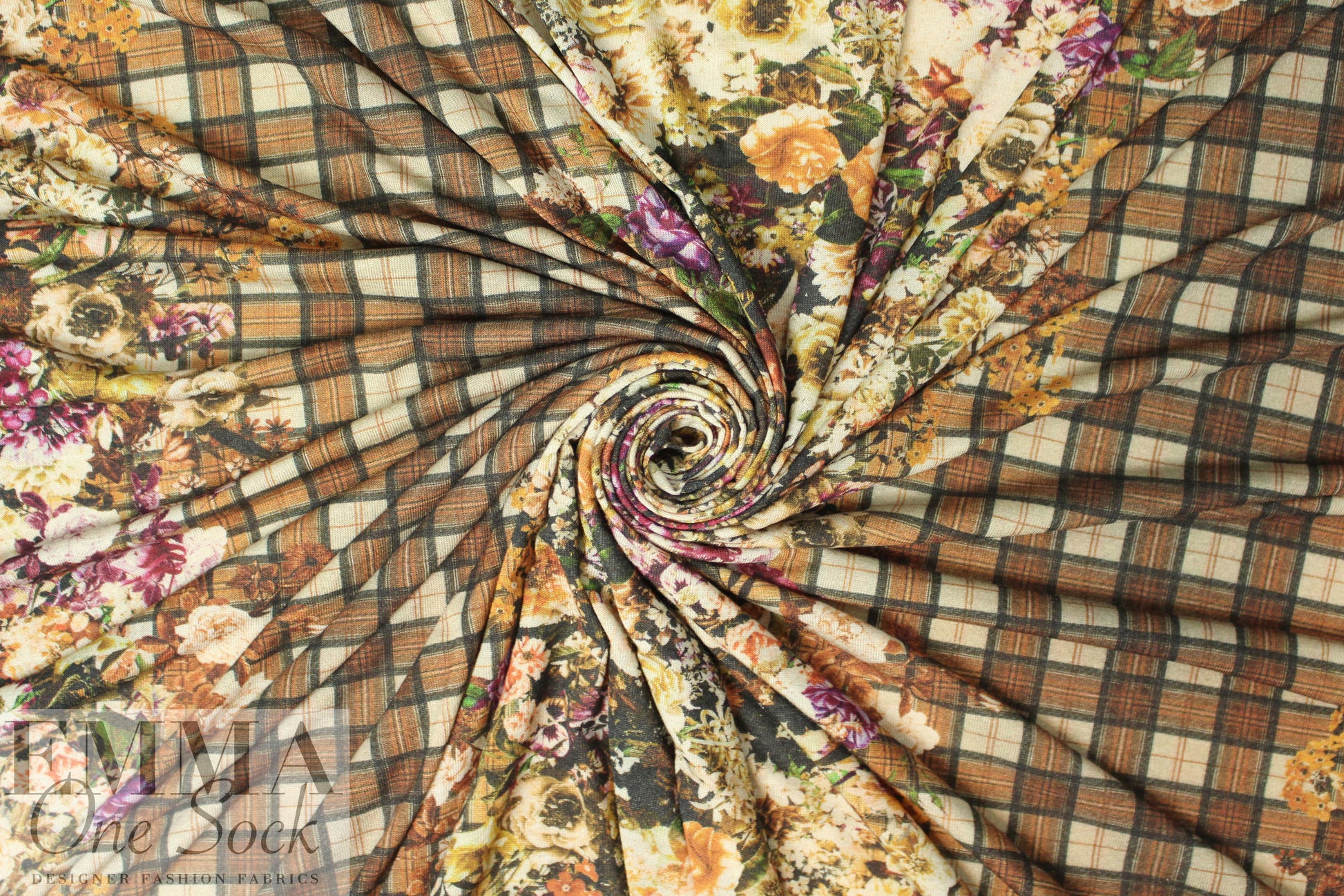 Italian viscose/wool knit - sepia floral/plaid