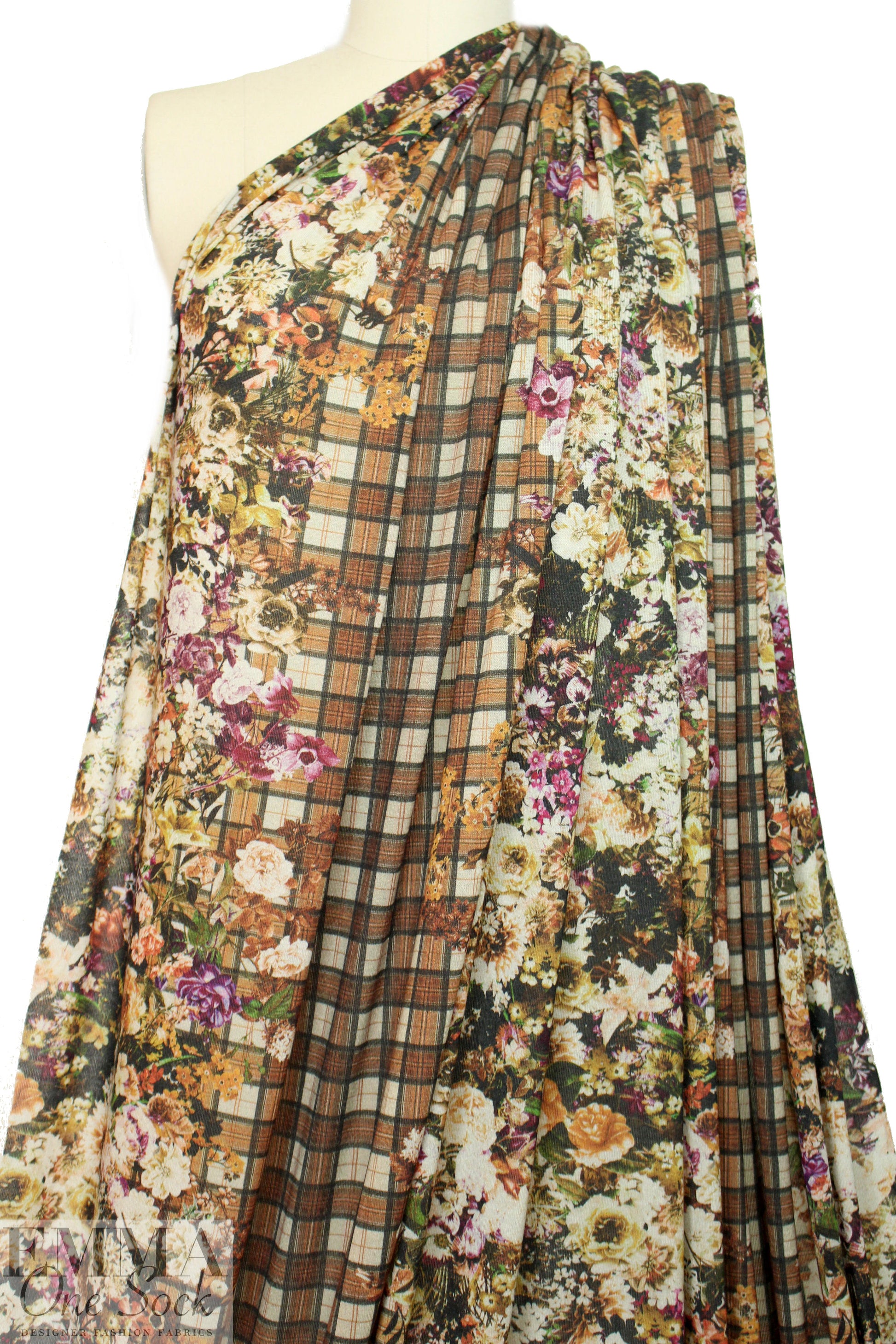 Italian viscose/wool knit - sepia floral/plaid 1.875 yd