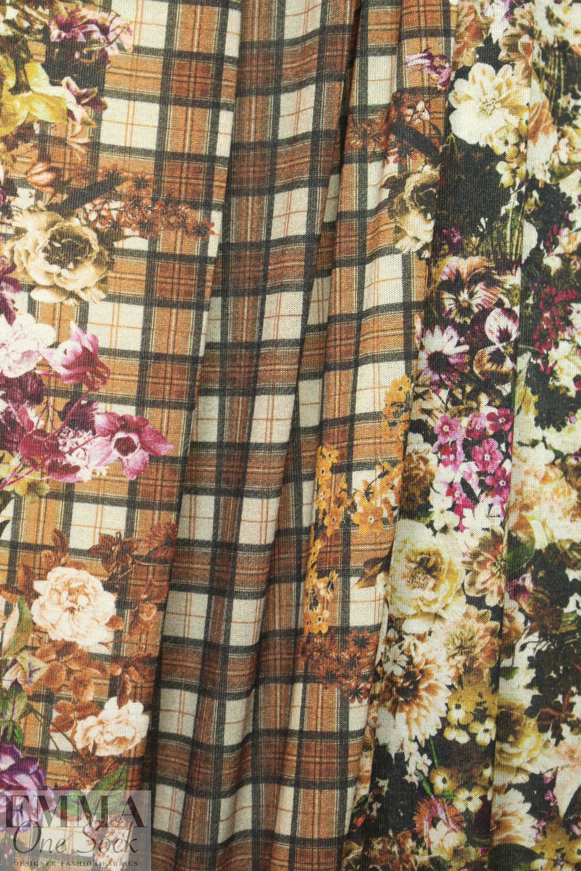 Italian viscose/wool knit - sepia floral/plaid 1.875 yd