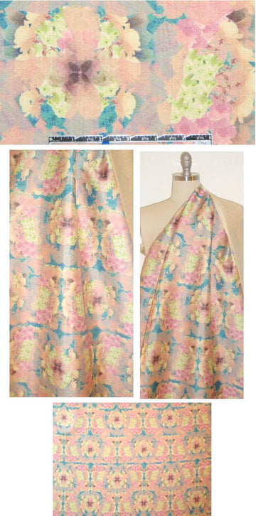 NY designer pink/turq rorschach flower visc/silk woven