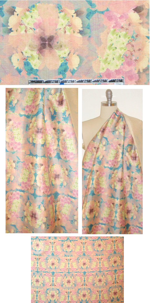 NY designer pink/turq rorschach flower visc/silk woven 1.25 yds