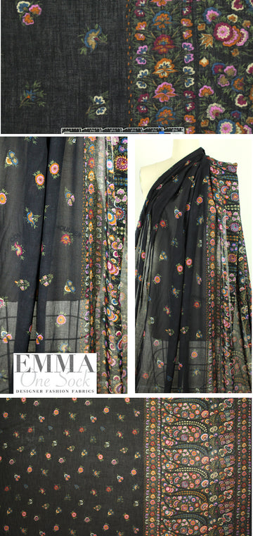 Italian floral border fine viscose/wool challis