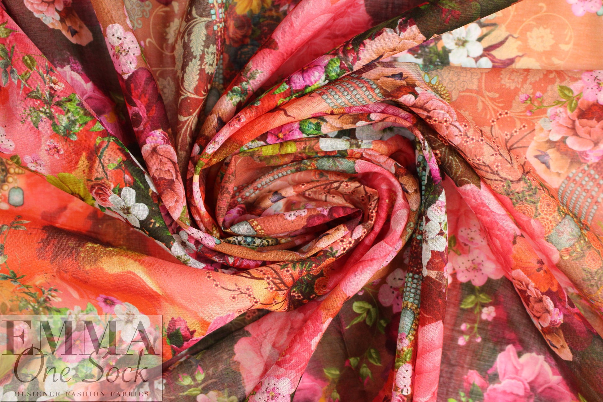 Dutch Oeko-Tex cert. cotton voile - bejeweled flora - rose 1.375 yd