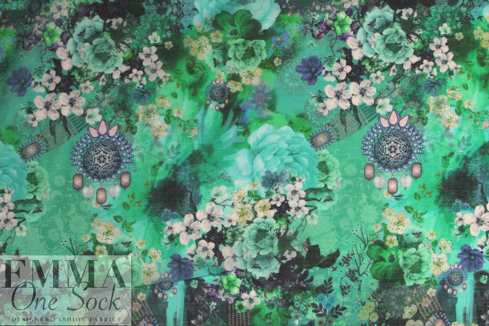 Dutch Oeko-Tex cert. cotton voile - bejeweled flora - jade 2.5 yds