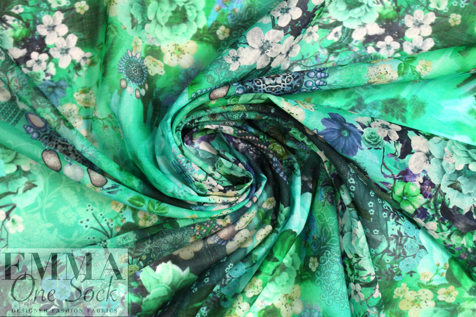 Dutch Oeko-Tex cert. cotton voile - bejeweled flora - jade 1.5 yds
