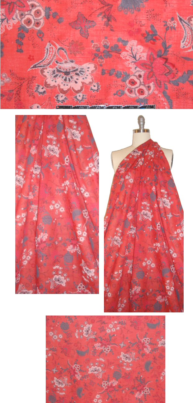 French digital cotton voile - red/gray floral 1 yard