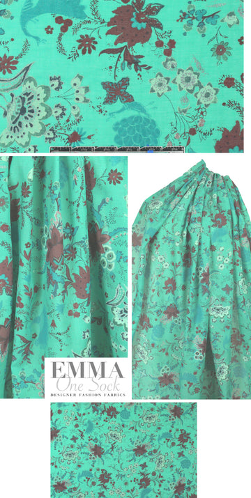 French digital cotton voile - jade/brick floral